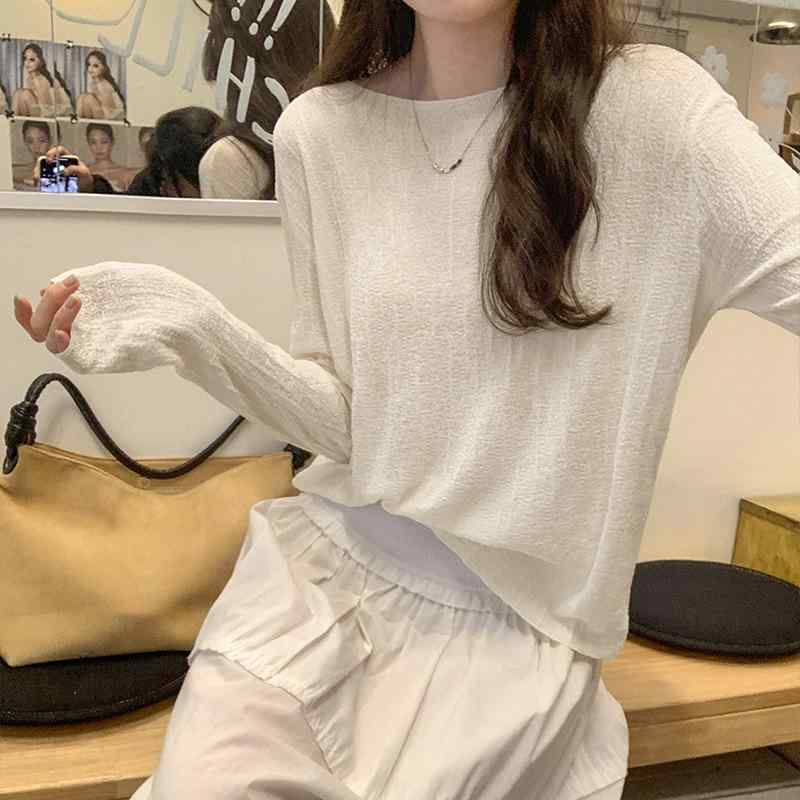 Tシャツ レディース 長袖 ニット 肌触り良い トップス プルオーバー 淡紫色 カットソー 接触冷感 伸縮性 インナー ゆったり かわいい カジュアル 春秋冬