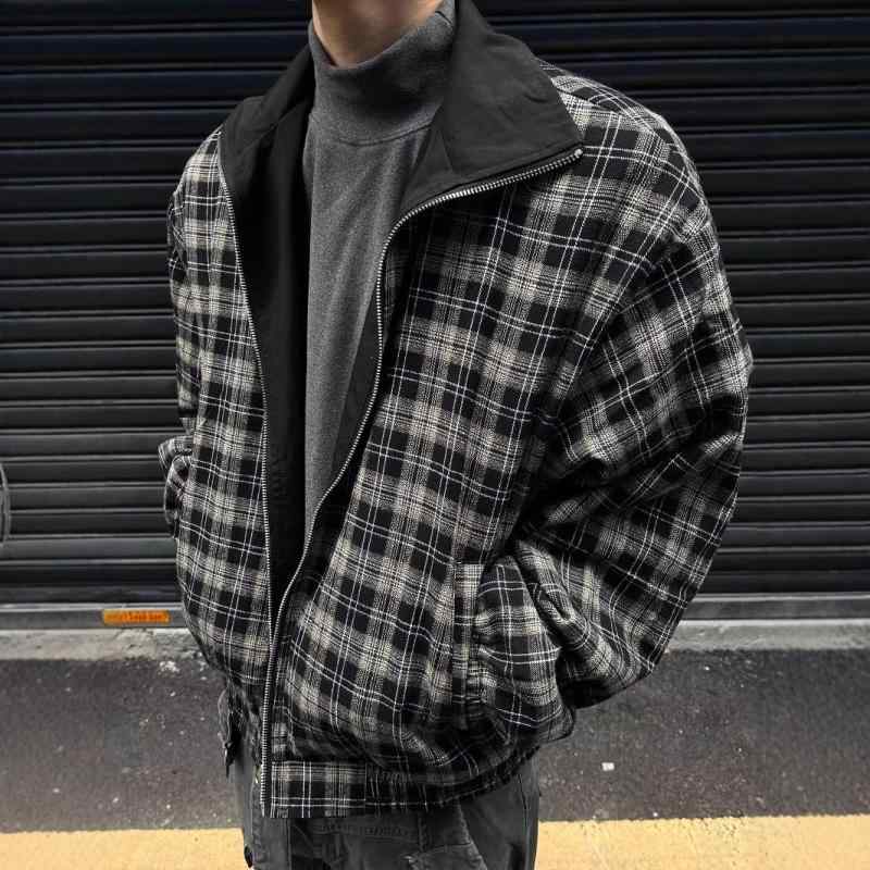 ジャケット メンズ 男性用 チェック柄 リバーシブル ブルゾン スタンドカラー 野球服 ジャンパー アウター 普段使い カジュアル ブラック