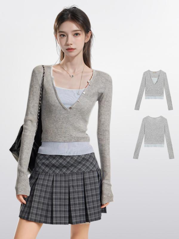 ニット レディース Vネック 長袖 切り替え 薄手 プルオーバー トップス 普段使い 通勤 韓国ファッショ..