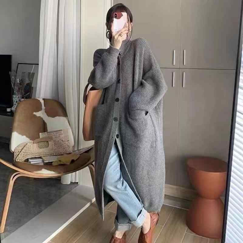 カーディガン レディース 秋冬 ニット 厚手 ゆったり ミドル丈 アクリル 無地 長袖 立襟 襟付き 灰色 コーヒー色 黒 アイボリー