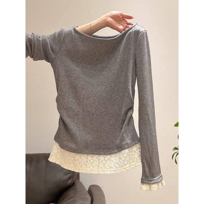 Tシャツ レディース 長袖 肩出し トップス カットソー 春夏 レース 切り替え スリムフィット 韓国風 カジュアル 白 灰色 ポリエステル