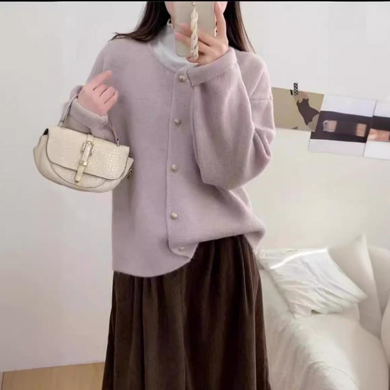 カーディガン レディース ニットカーディガン クルーネック 長袖 無地 灰色 紫色 アプリコット ピンクパープル 韓国ファッション カジュアル 普段使い デート