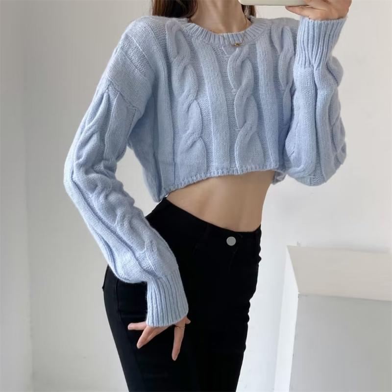 ニット レディース ファッション レトロ 風 麻花編み セーター エレガント 気質 ゆったり ショート丈 ラウンドネック 長袖 トップス 綿 黒 白 グレー 青 ワインレッド