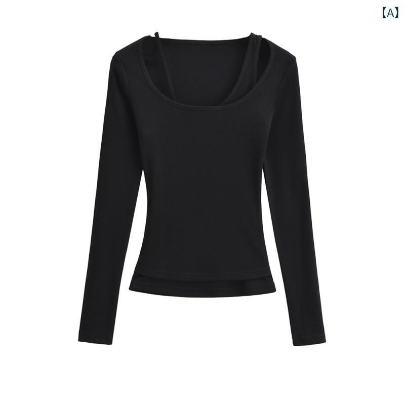 Tシャツ レディース 早秋 ストリート ファッション 露出肩 不規則 デザイン 長袖 トップス スリムフィット 綿 無地 ブラック ホワイト グレー ブラウン
