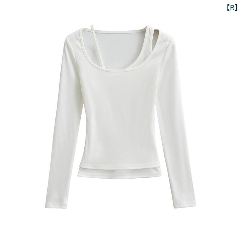 Tシャツ レディース 早秋 ストリート ファッション 露出肩 不規則 デザイン 長袖 トップス スリムフィット 綿 無地 ブラック ホワイト グレー ブラウン