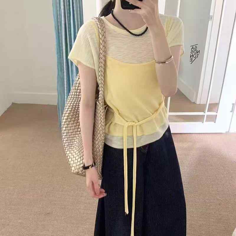 ニット レディース トップス 半袖 薄手 レイヤード風 スリムフィット ラウンドネック プルオーバー 黄色 ブルー グレー ブラック