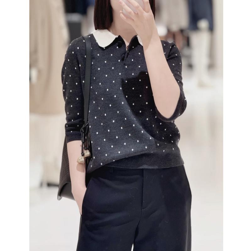 ニット レディース 春夏 波点柄 プルオーバー 7分袖 ドット柄 トップス かわいい カジュアル グレー