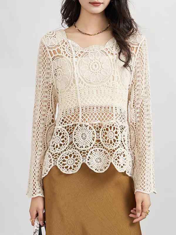 ニット レディース 春 長袖 トップス レース 杏色 カットソー チュニック プルオーバー 薄手 おしゃれ きれいめ かわいい カジュアル