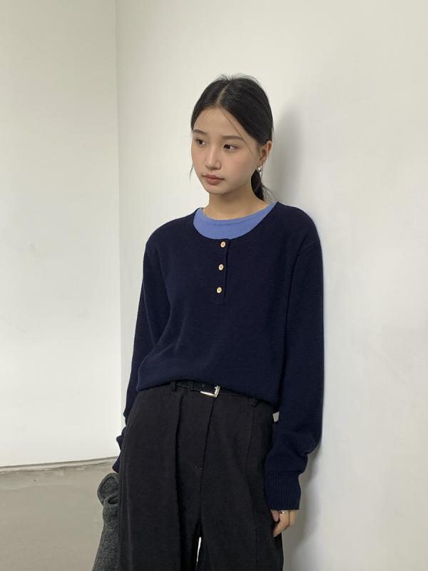 Other - ニット レディース 韓国風 長袖 ウール100% フェイクレイヤード セーター 秋冬 トップス カットソー カジュアル きれいめ かわいい ベージュ系 ブルー系