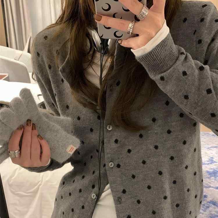 ニット レディース カーディガン 丸首 小波ドット ジャカード編み ゆったり 長袖 灰色 黒 秋冬 日韓スタイル
