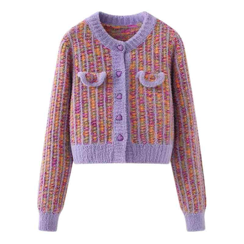 カーディガン レディース 春秋 ニット 厚手 ショート丈 パープル ピンク系 ハート 長袖 ラウンドネック..