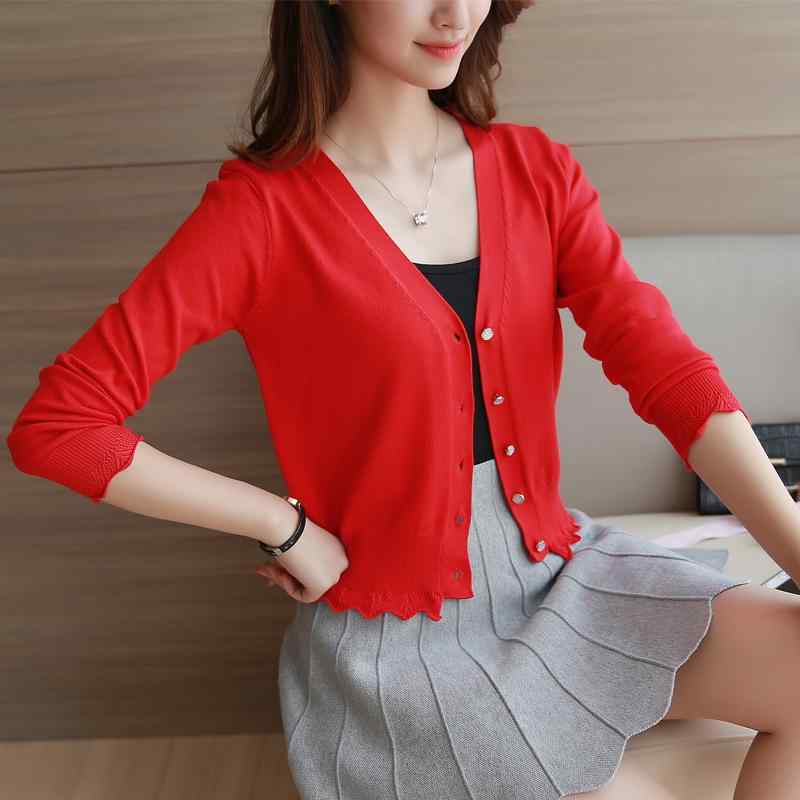 ニット レディース 韓国風 カーディガン ショート丈 長袖 Vネック コットン 花柄 薄手 トップス 白色 赤色 黒色 黄色