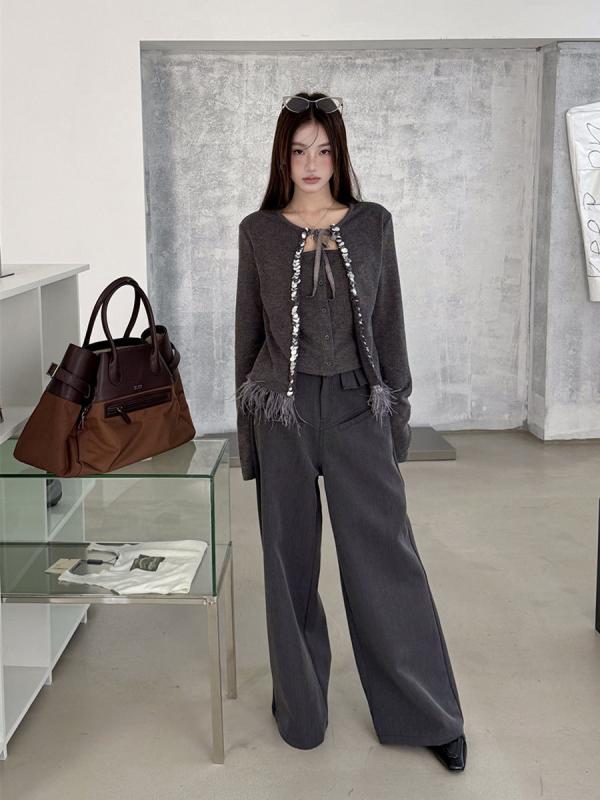 ニット レディース デザイン 灰色 カーディガン トップス レトロ風 フェイクレイヤード風 着痩せ スタ..