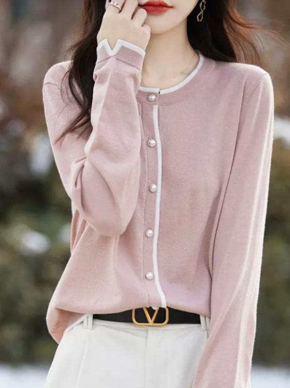 カーディガン レディース ニット 薄手 秋冬 配色 ラウンドネック トップス 羽織り 紫外線対策 普段使い ポリエステル 桜色 ピンク系 グレー ホワイト 白 ブラック 黒 中国レッド 赤 キャメル S M L XL