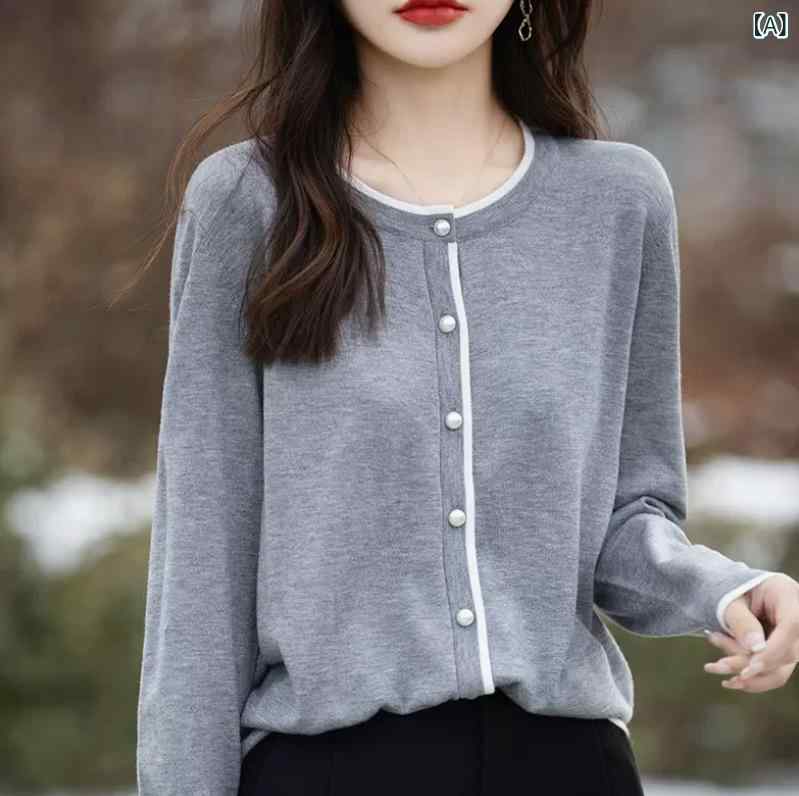 シャドーテールのカーディガン レディース ニット 薄手 秋冬 配色 ラウンドネック トップス 羽織り 紫外線対策 普段使い ポリエステル 桜色 ピンク系 グレー ホワイト 白 ブラック 黒 中国レッド 赤 キャメル S M L XL｜アングル2