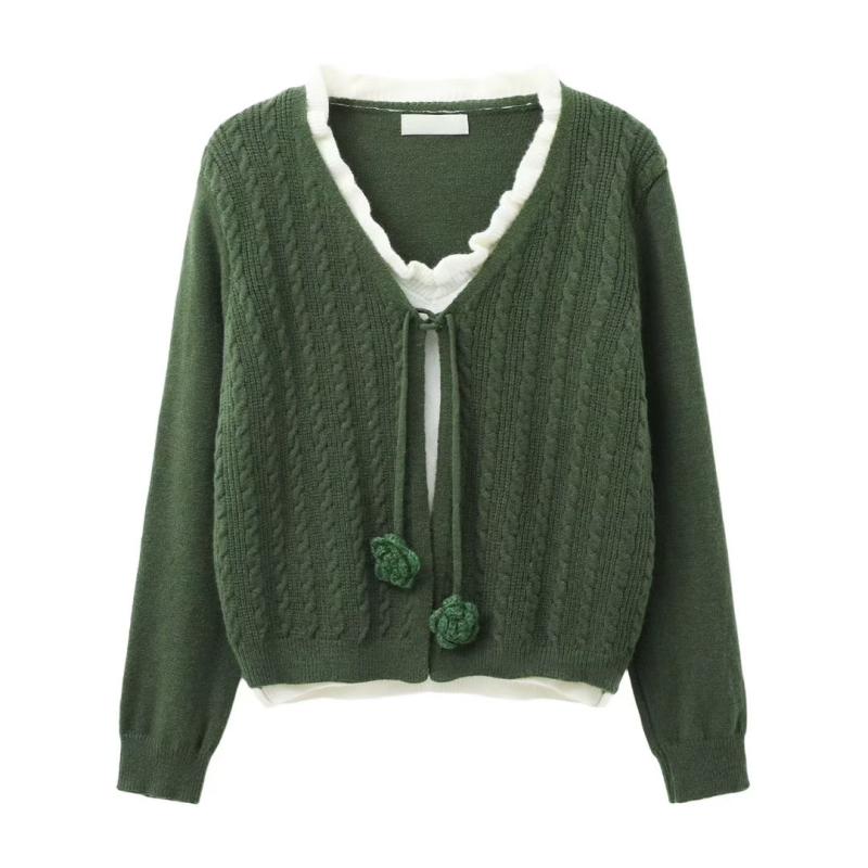 ニット レディース 配色 Vネック プルオーバー トップス 長袖 ゆったり 普段使い かわいい グリーン
