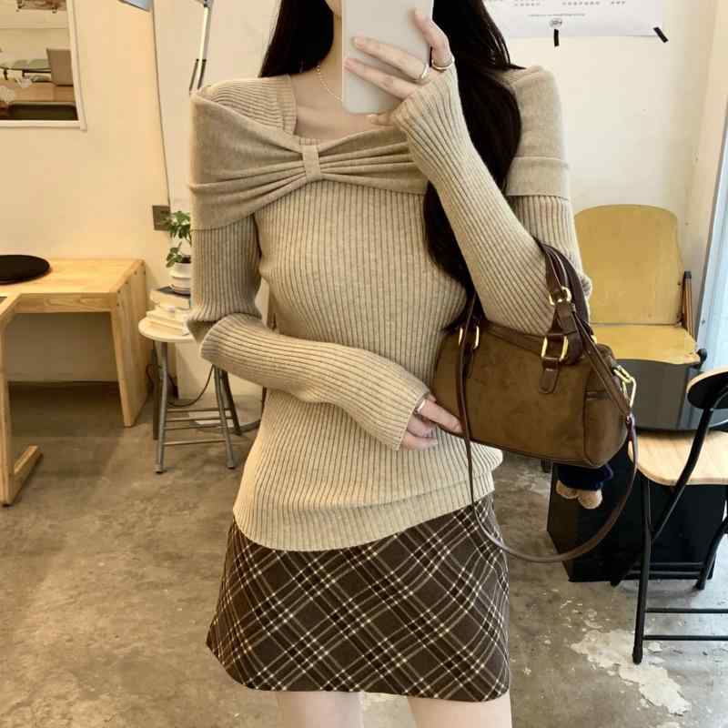 ニット レディース フランス風 スクエアネック 長袖 トップス 秋冬 修身 着痩せ プルオーバー 燕麦色 ピンク系 ブラック きれいめ 通勤