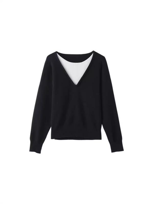 ニット レディース 早秋 ラウンドネック 長袖 トップス 切り替え 紺色 伸縮性 ポリエステル 綿 普段使い 通勤着