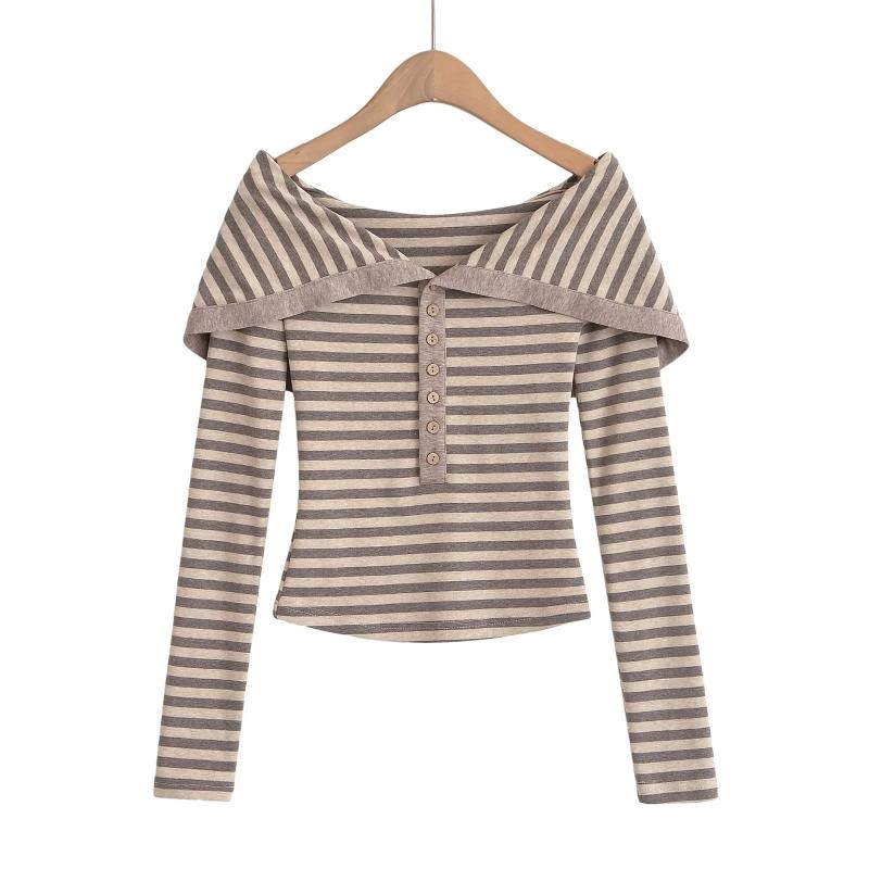 Tシャツ レディース 春秋 ニット トップス 長袖 一字肩 ボーダー柄 プルオーバー カットソー 大襟 スリムフィット タイト ショート丈 配色 普段使い デート