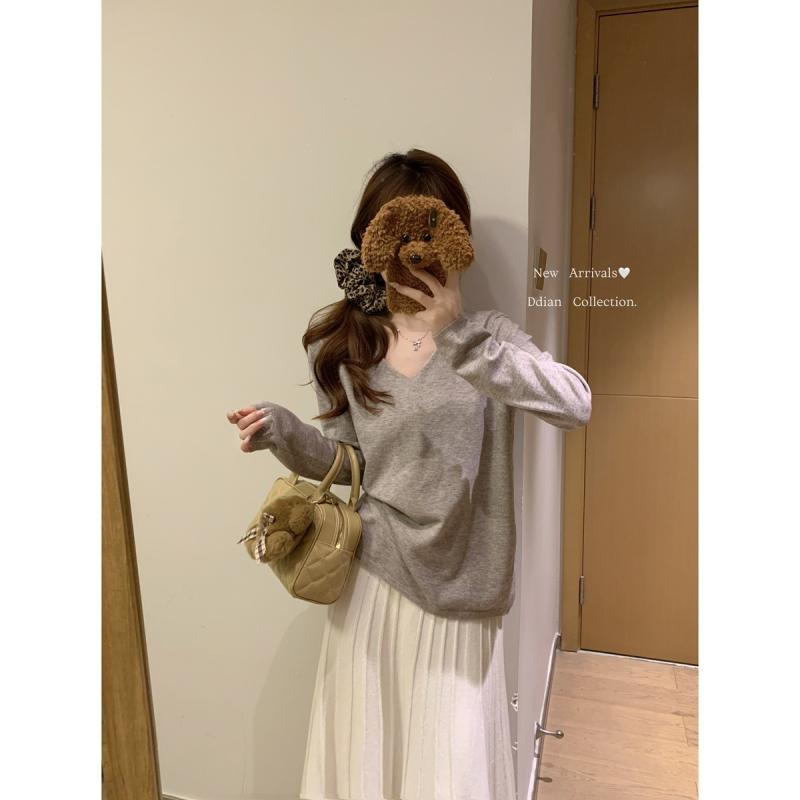 ニット レディース Vネック 長袖 ゆったり チュニック トップス 韓国 ファッション きれいめ 無地 オフィスカジュアル 花驼色