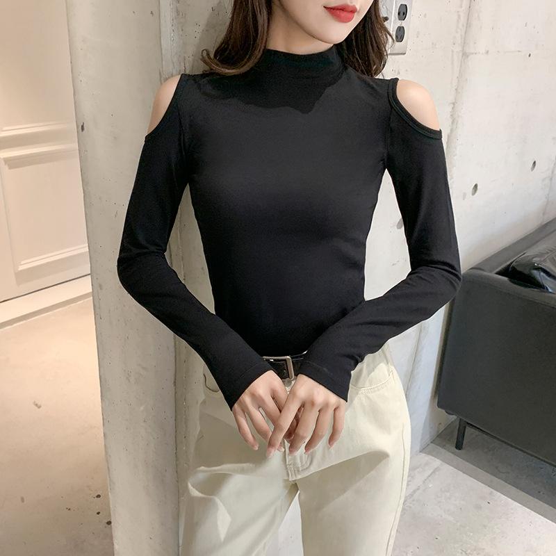 Tシャツ レディース 黒色 ハーフハイネック 長袖 インナー 韓国風 スリム 肩出し トップス カットソー 綿 接触冷感 通勤