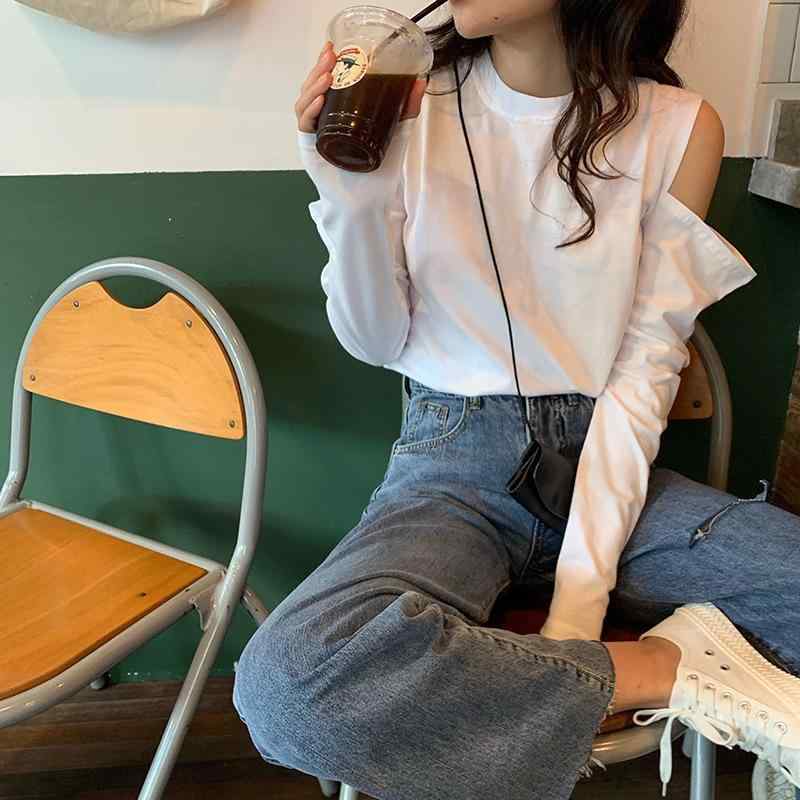 Tシャツ レディース 長袖 カットソー ラウンドネック ゆったり ポリエステル トップス プルオーバー 肩出し 韓国風 カジュアル 無地 白..