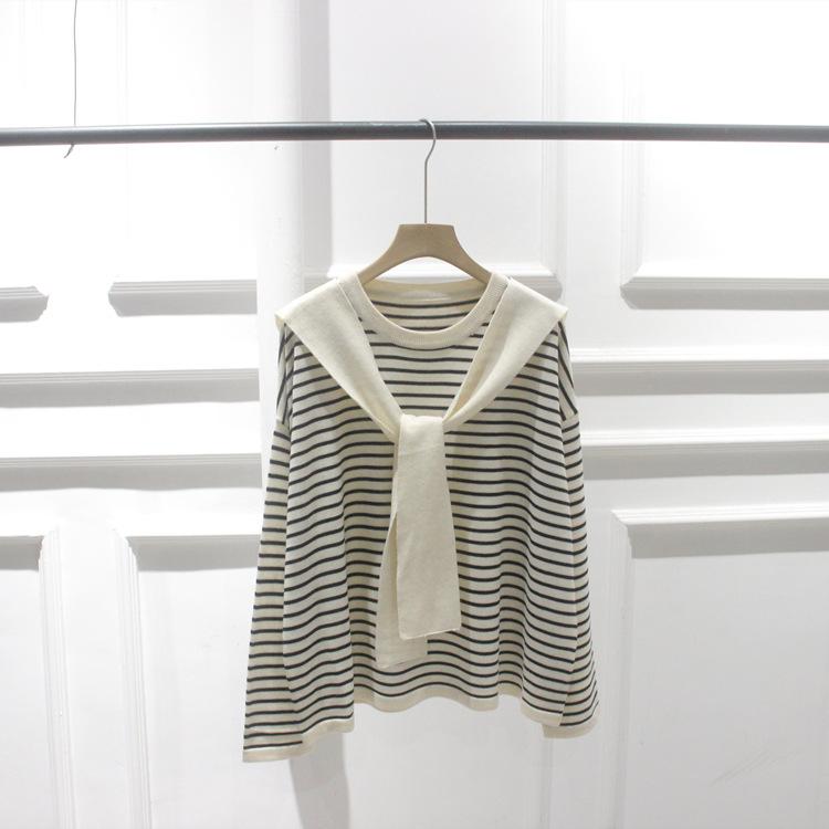 ニット レディース 秋冬 ラウンドネック ストライプ柄 フェイクレイヤード ショール風 ウール混紡 プルオーバー 長袖 厚手 ゆったり 白色 深青色 ワインレッド 黒色 茶色