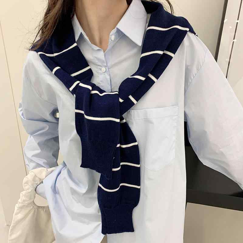 ショール レディース ストライプ柄 ニット 付け襟 フェイクレイヤード風 アクリル ウール混紡 秋冬 冷房対策 防寒 かわいい ガーリー ミディアム丈