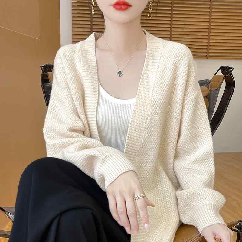 ニット レディース カーディガン 羊毛 Vネック ランタンスリーブ 無地 ミドル丈 羽織り ベージュ ブラック 通勤 エレガント