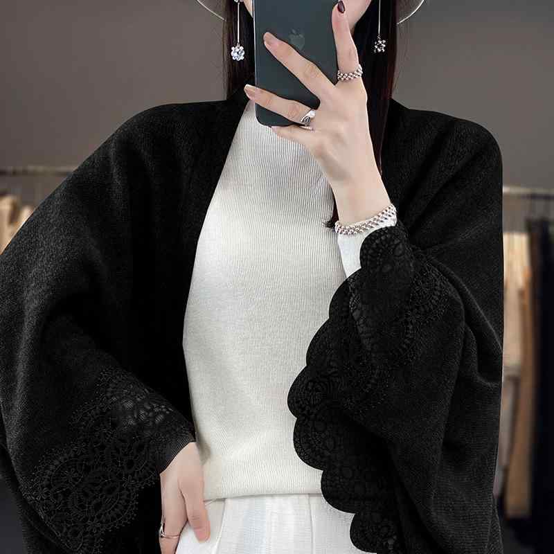 カーディガン レディース 羊毛 ニット カーディガン ポンチョ風 ショール ケープ 秋冬 ミドル丈 ウール アウター レース エレガント 通勤 羽織り