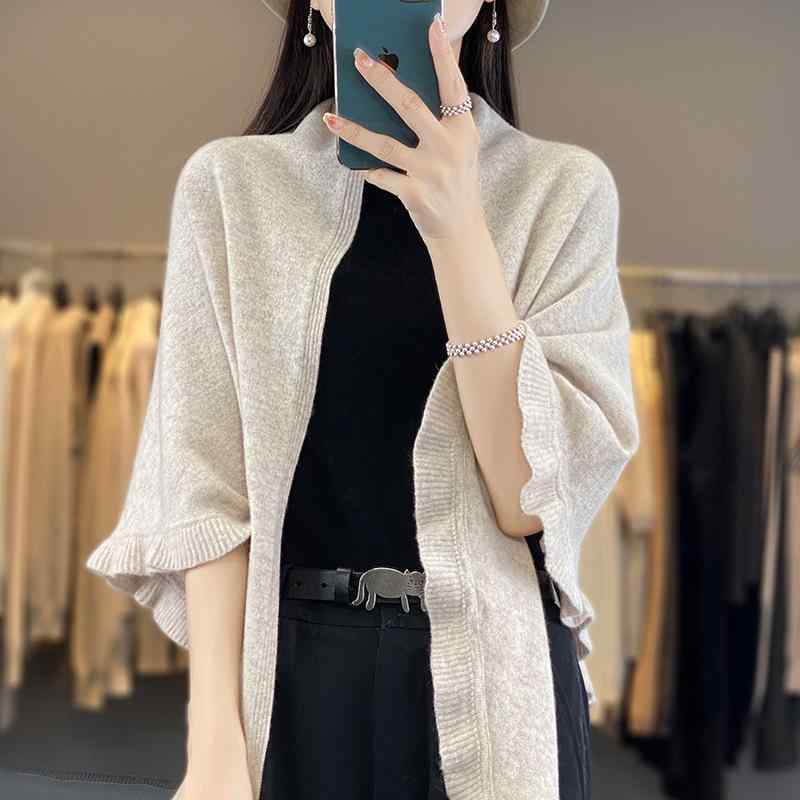 カーディガン レディース 婦人服 ウール ニット ショール ポンチョ ケープ ゆったり 体型カバー 金棕红 墨兰色 青绒米 紫绒驼 摩卡棕 通勤 カジュアル