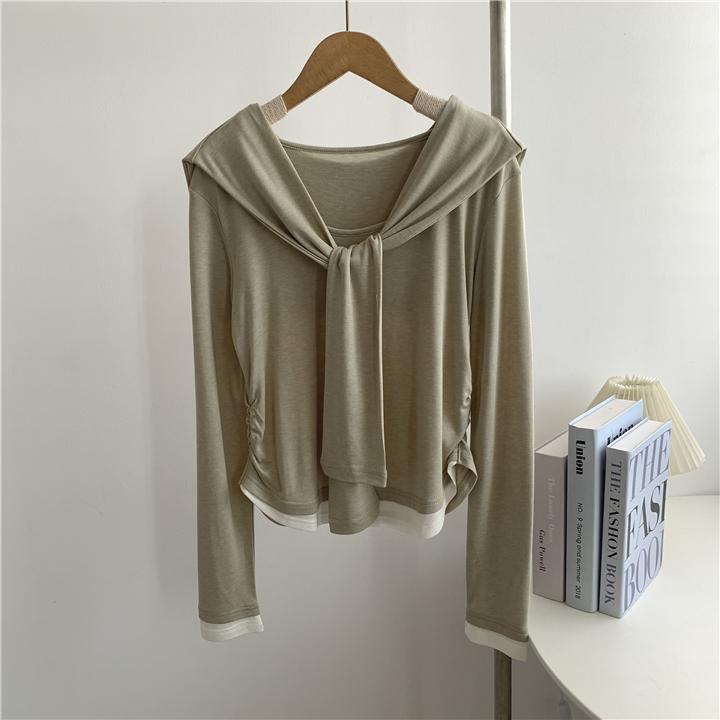 ショール カーディガン レディース 天竺 綿 長袖 トップス 韓国風 セットアップ デザイン 重ね着風 ピ..