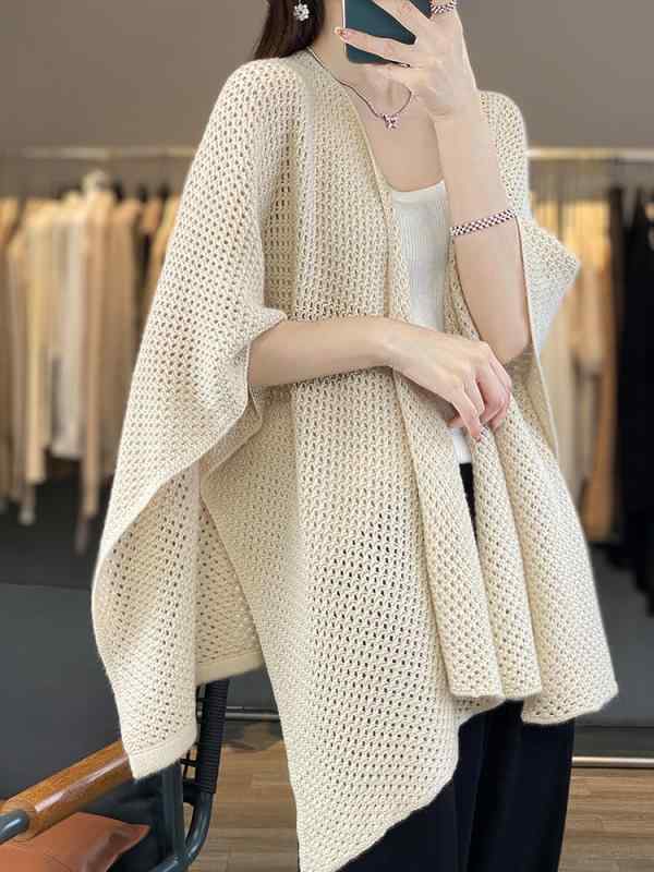 カーディガン レディース 春物 ニット 100% ピュア ウール ポンチョ風 アウター かぎ針編み 透かし編み..