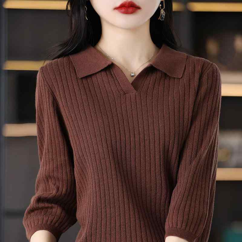 ニット レディース トップス 100%綿 七分袖 POLOネック プルオーバー カットソー 通勤 ベージュ系