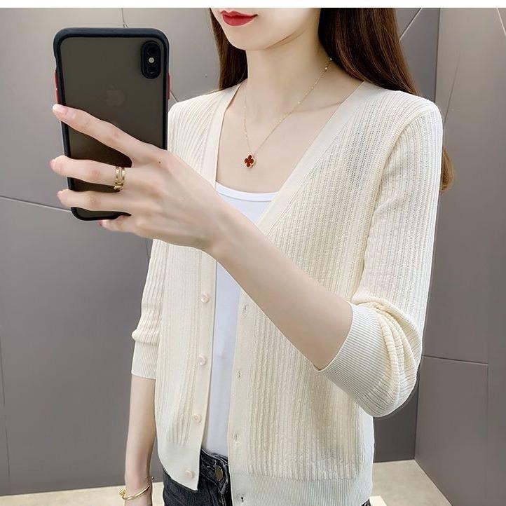 Rakuten - カーディガン レディース 薄手 春夏 接触冷感 ショール アウター ショート丈 ケーブル編み Vネック 7分袖 トップス 紫外線対策 冷房対策 羽織り オフィス カジュアル