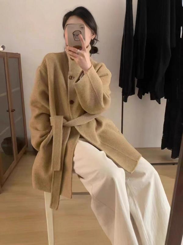 コート レディース 秋冬 ダブルフェイス ウール アウター 立襟 ウエストベルト付き 韓国風 カジュアル 本白 茶キャメル 炭黒