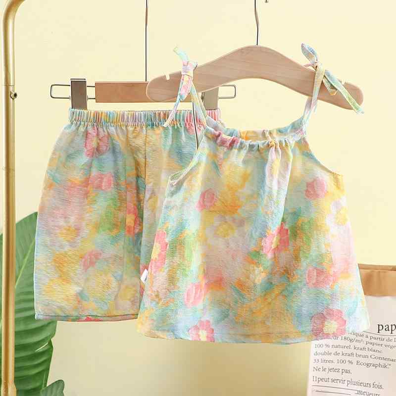 キッズ 女の子 セットアップ キャミソール チュニック ショートパンツ 2点セット 泡泡棉 薄手 春夏 油絵風 花柄 80cm 90cm 100cm 110cm 120cm 130cm 140cm 2