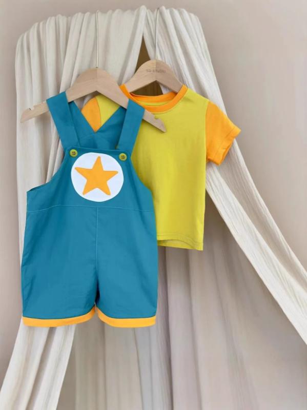 シャドーテールのキッズ ベビー 上下セット 子供服 パンツセット サロペット オーバーオール 黄緑 コットン 綿 普段着 部屋着｜アングル2