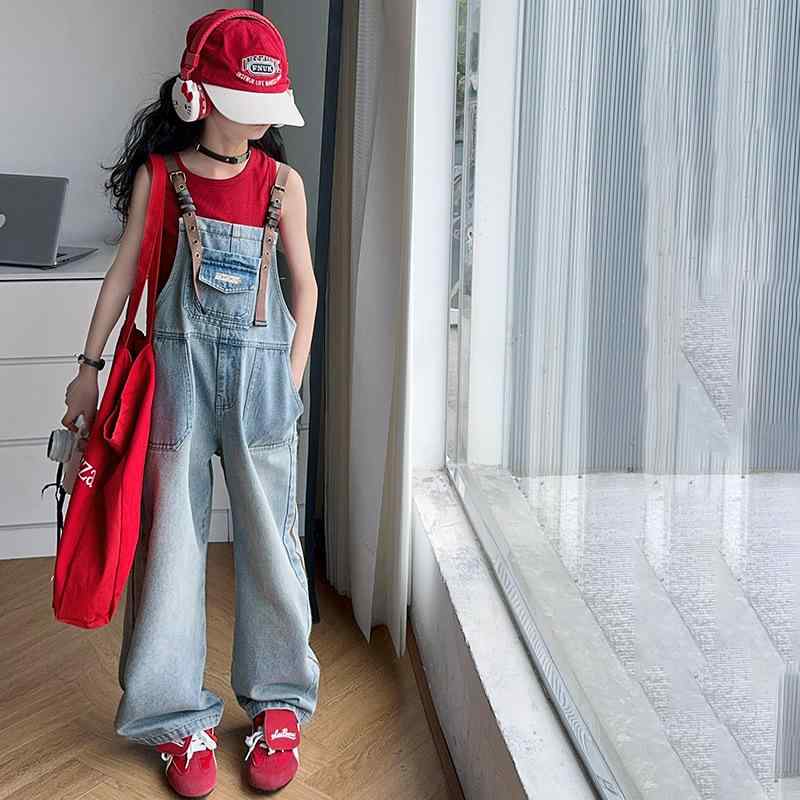 子供服 デニム オーバーオール 女の子 ワイドレッグ ロングパンツ ジーンズ サロペット 春夏 高学年 ガ..