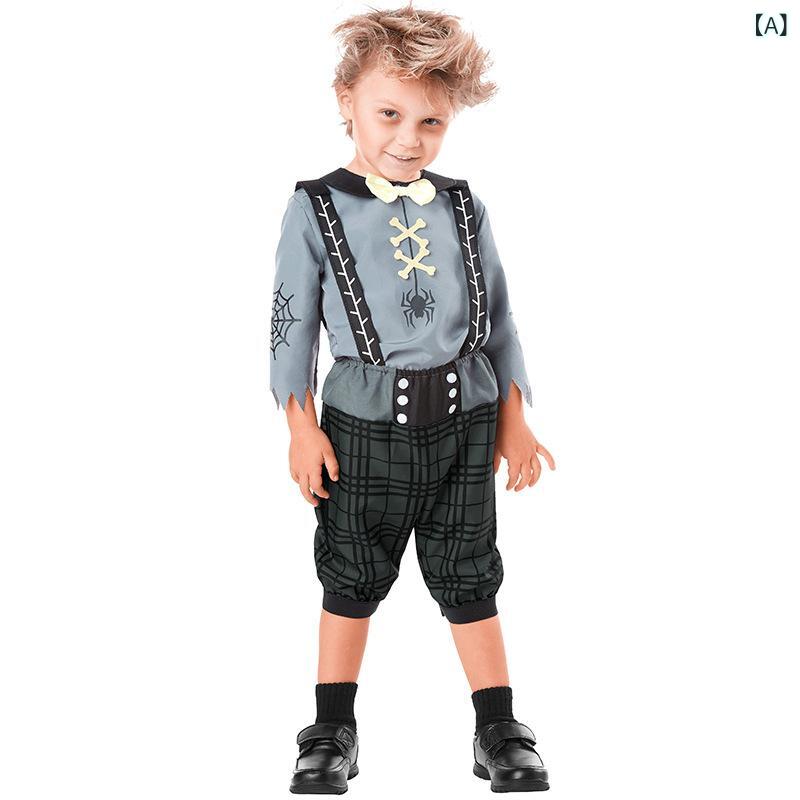 子供用コスチューム ハロウィン パーティー 悪魔 ゾンビ 吊りズボン 上下セット 男の子 グレー ポリエステル 2