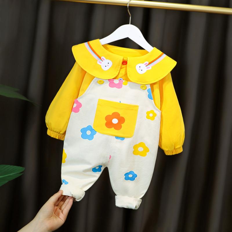 キッズ パンツ セットアップ 春秋物 長袖 Tシャツ ＋ 花柄 サロペット 薄手 2点セット かわいい おしゃれ 子供 女の子 幼児 イエロー ピンク系 2