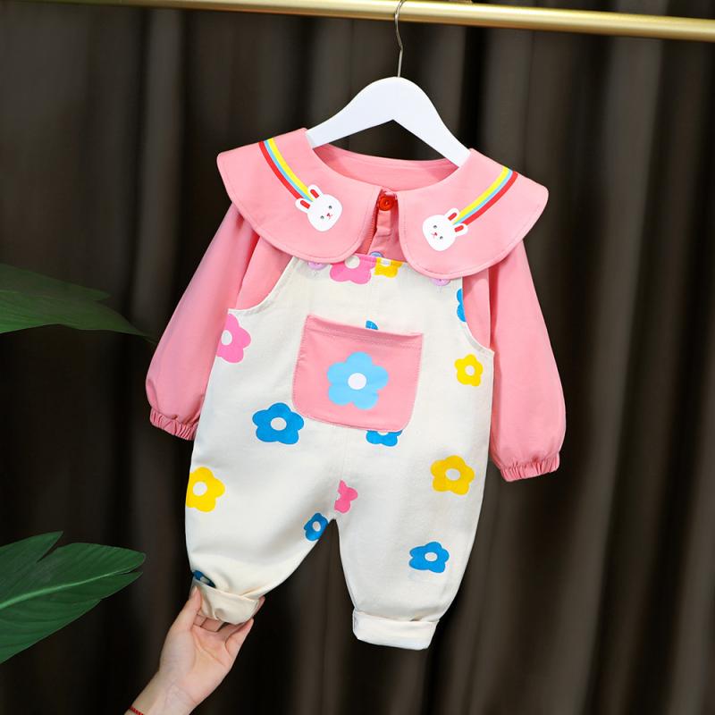 キッズ パンツ セットアップ 春秋物 長袖 Tシャツ ＋ 花柄 サロペット 薄手 2点セット かわいい おしゃれ 子供 女の子 幼児 イエロー ピンク系 3