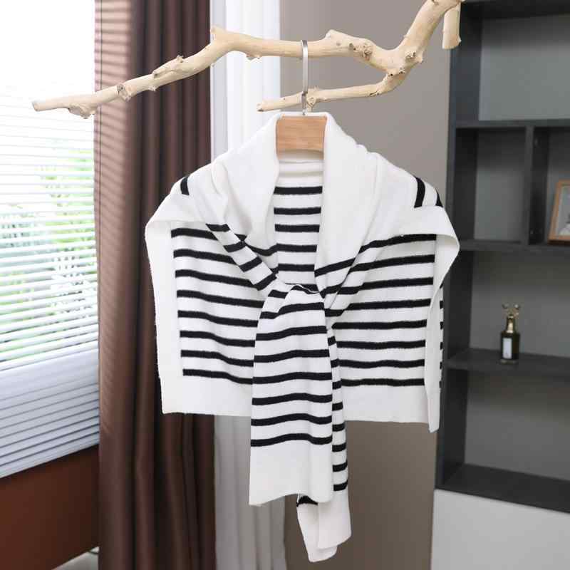 ショール レディース 女性用 ウール100% ストライプ柄 ニット あったか 秋冬 ホワイト ブラック ベージ..