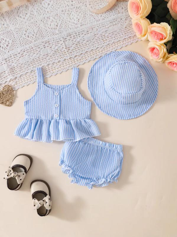 キッズ 女の子 セットアップ 格子柄 キャミソール トップス ショートパンツ 3点セット 幼児 薄手 ポリエステル 天藍色 かわいい 夏