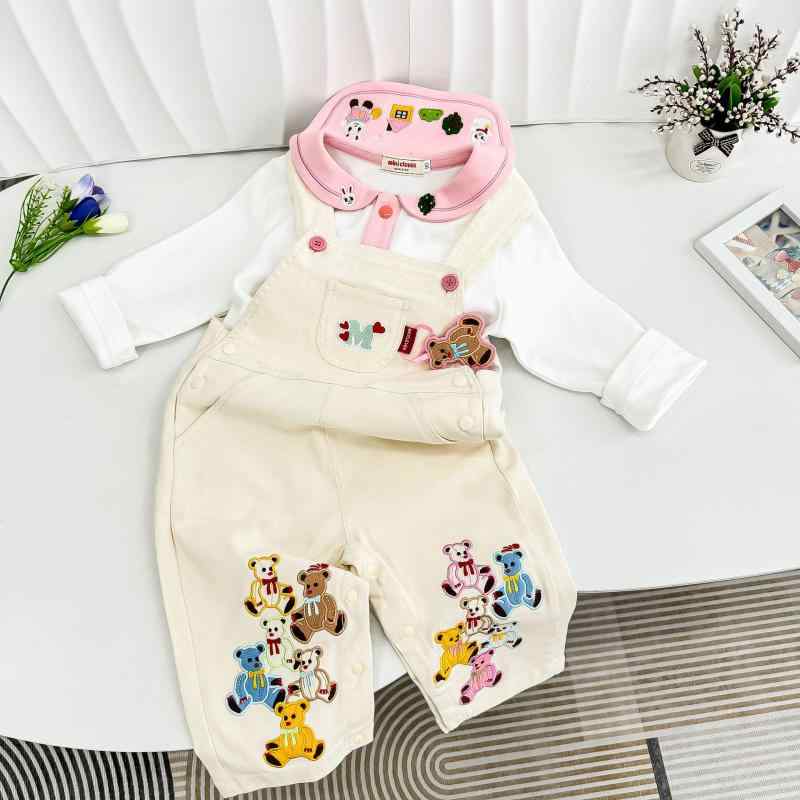 子供服 サロペットパンツ ベビー 幼児 刺繡 コットン ロングパンツ ベージュ ピンク系 80 90 100 110cm