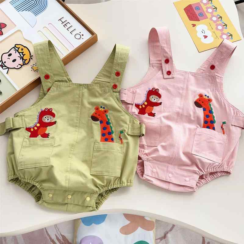 オーバーオール キッズ 男女兼用 子供服 コットン 小熊 恐竜 刺繍 ブルマ 夏 短パン ベビー 幼児 豆緑 ピンク系 高腰 80 90 100 110