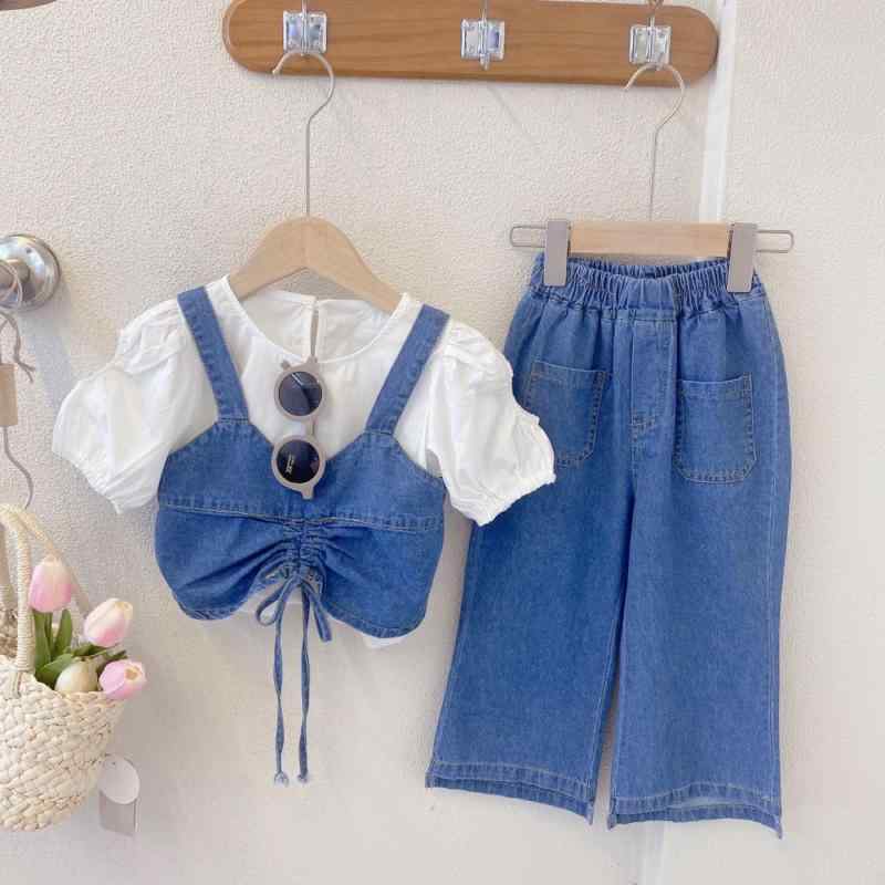 シャドーテールの子供服 パンツセット 女児 デニム 3点セット (シャツ + サスペンダー ワイドパンツ) 春夏 かわいい ガールズ 普段着｜アングル2