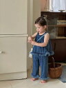 子供用デニムセットアップ 女の子用トップス&パンツの2点セット 夏服 薄手 ノースリーブ コットン かわいい ガールズカジュアル 90cm 100cm 110c...