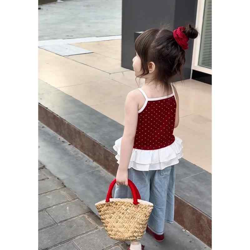キッズ 女の子 セットアップ ノースリーブ トップス デニムパンツ 水玉模様 9分丈 薄手 夏 かわいい おしゃれ着 普段着 2
