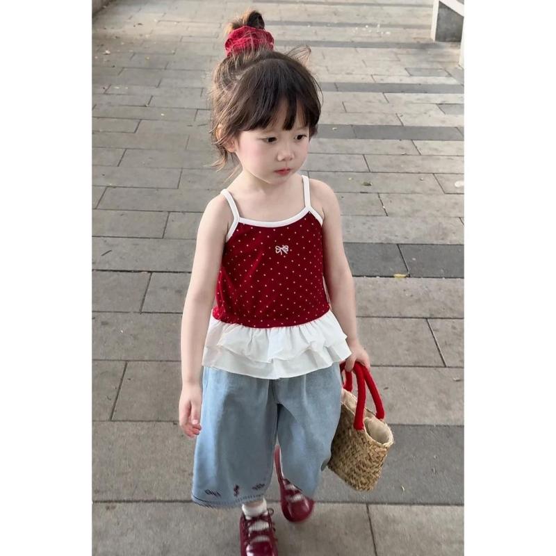 キッズ 女の子 セットアップ ノースリーブ トップス デニムパンツ 水玉模様 9分丈 薄手 夏 かわいい おしゃれ着 普段着 3